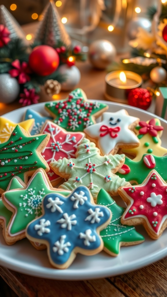 Decorated Christmas cookies in festive shapes on a plate, surrounded by holiday decorations.